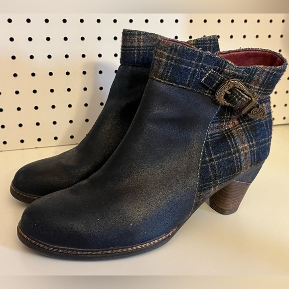 L'artiste Spring Step Scottala Navy Leather Zip Plaid Ankle Boots 42 - Picture 6 of 17